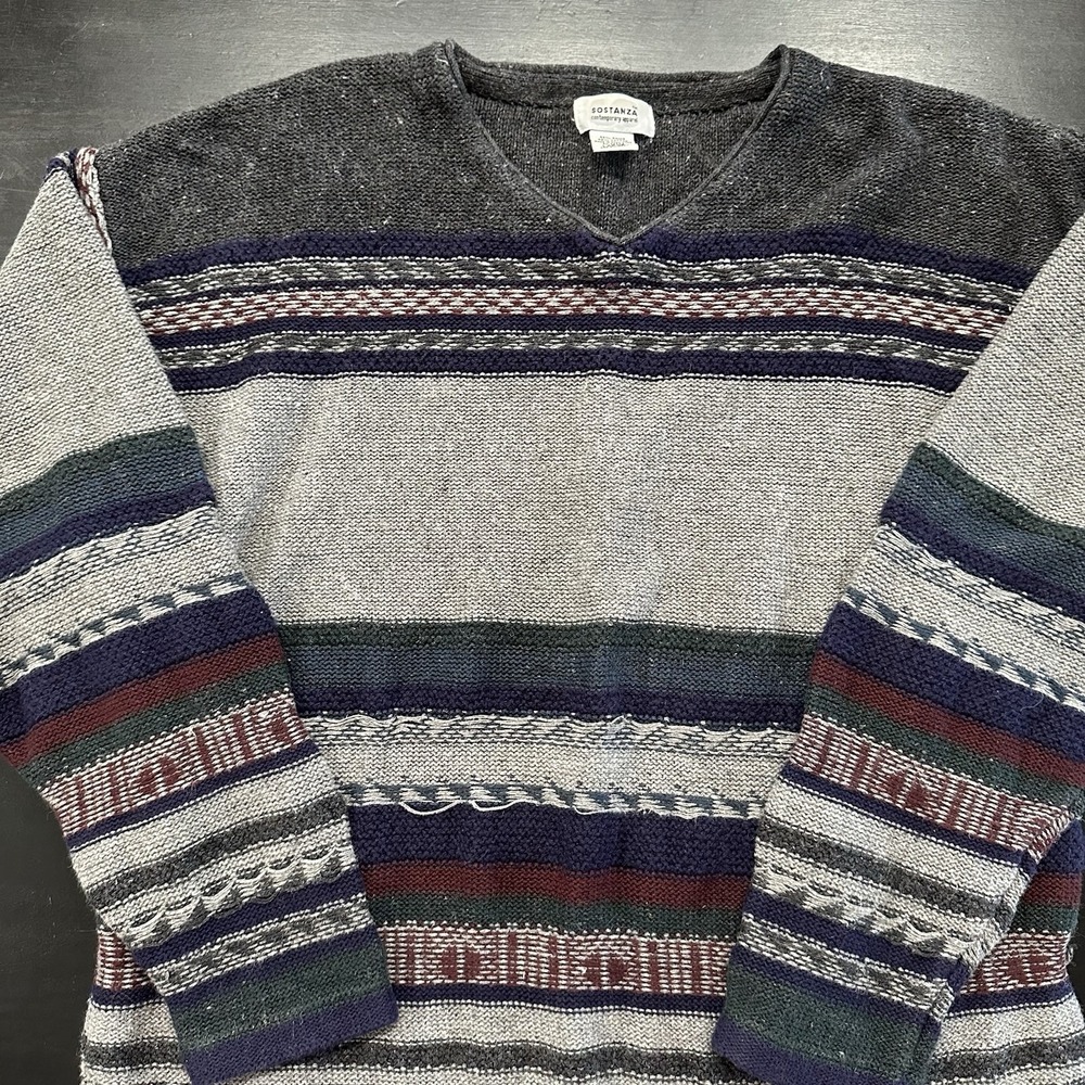 VTG Women's Soatanza Grandpa Core Sweater Chunky Knit 90's Stripe Blue Gray Lg - Picture 4 of 10